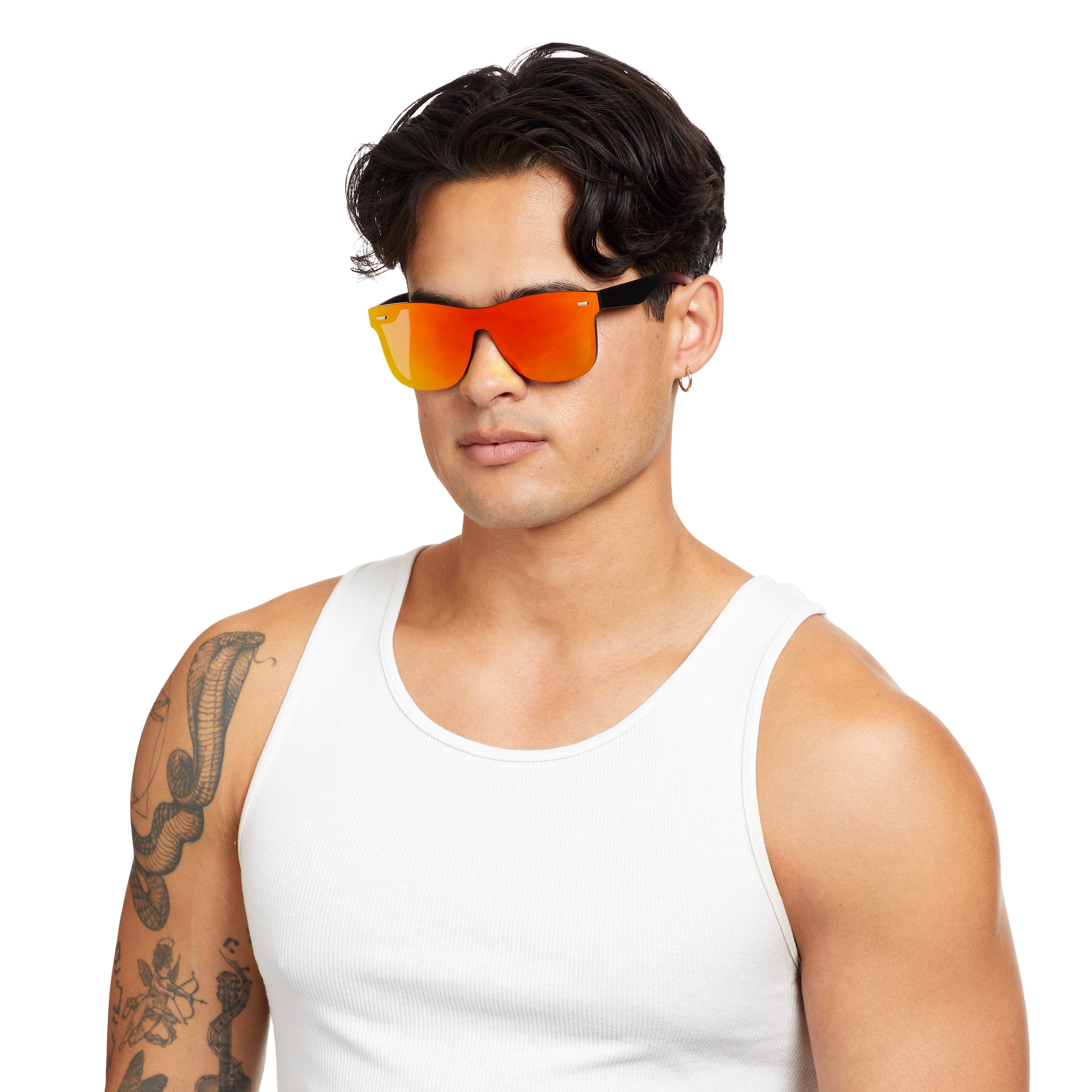 Man wearing a white tank top and orange sunglasses on a white background
